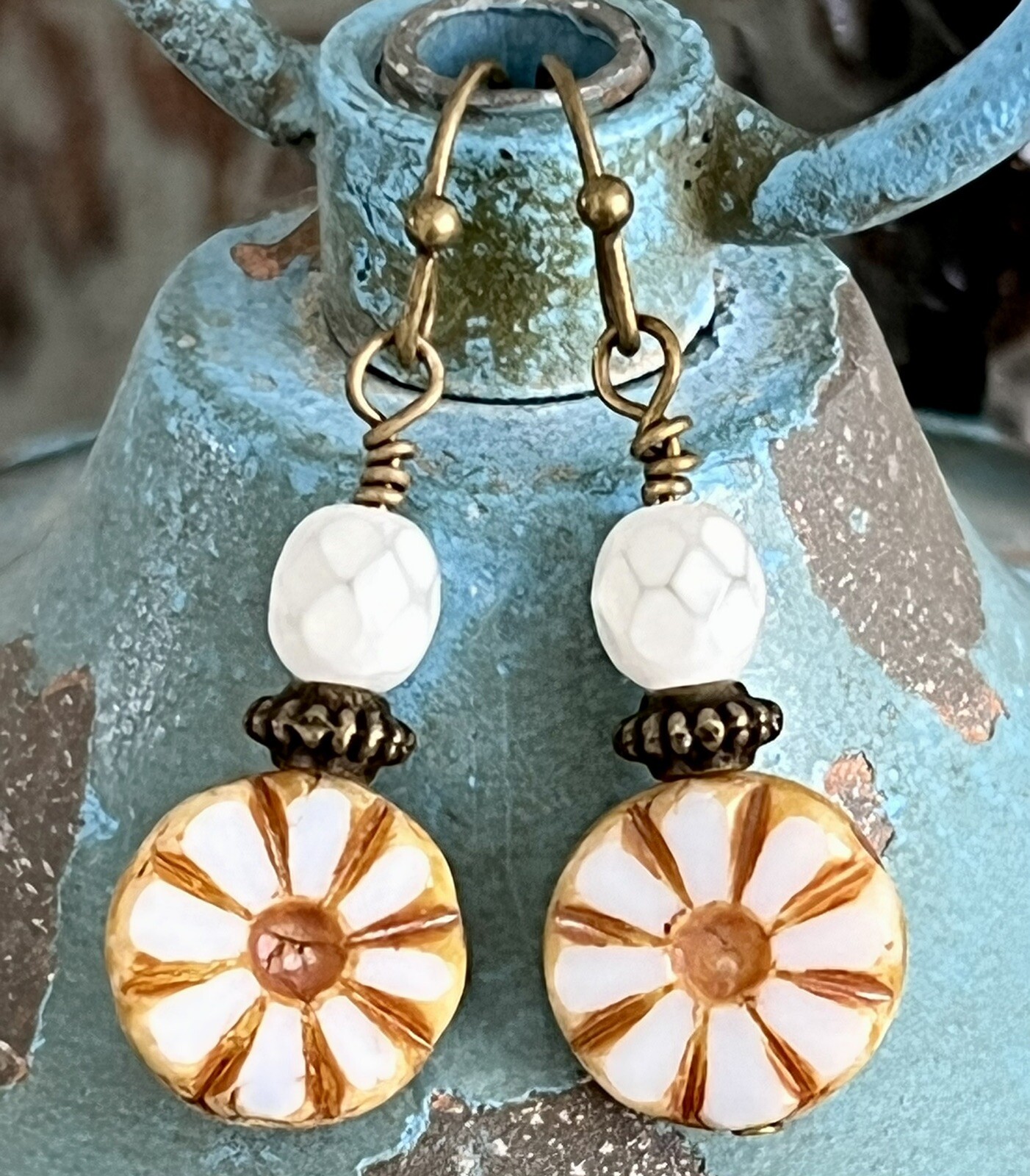Beautiful Bronze with White Picasso Bead Earrings. Bloom.