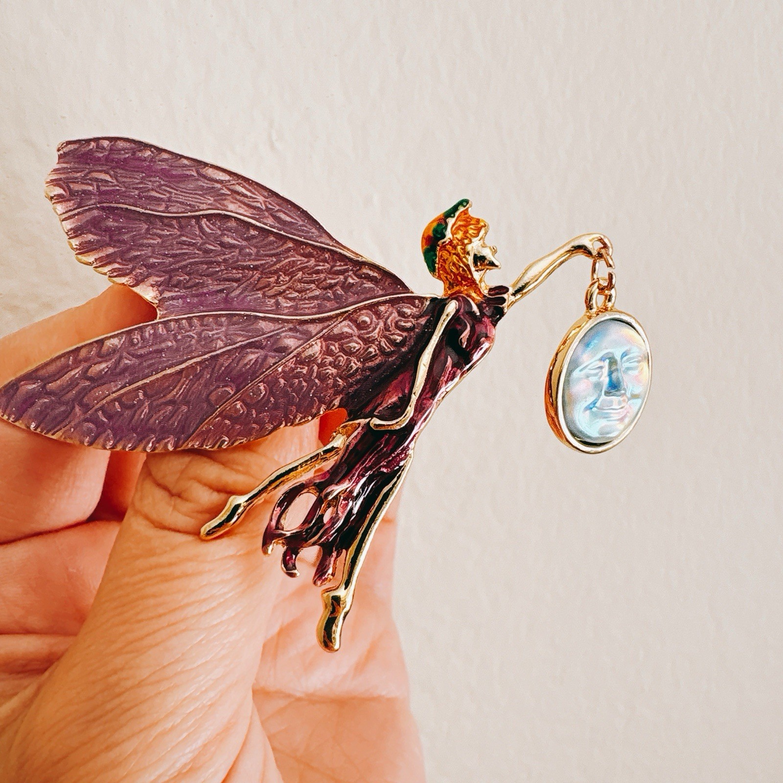 Vintage-Inspired Enamel Fairy Brooch Pendant Pink Wings Moon Star Gold Tone Pin