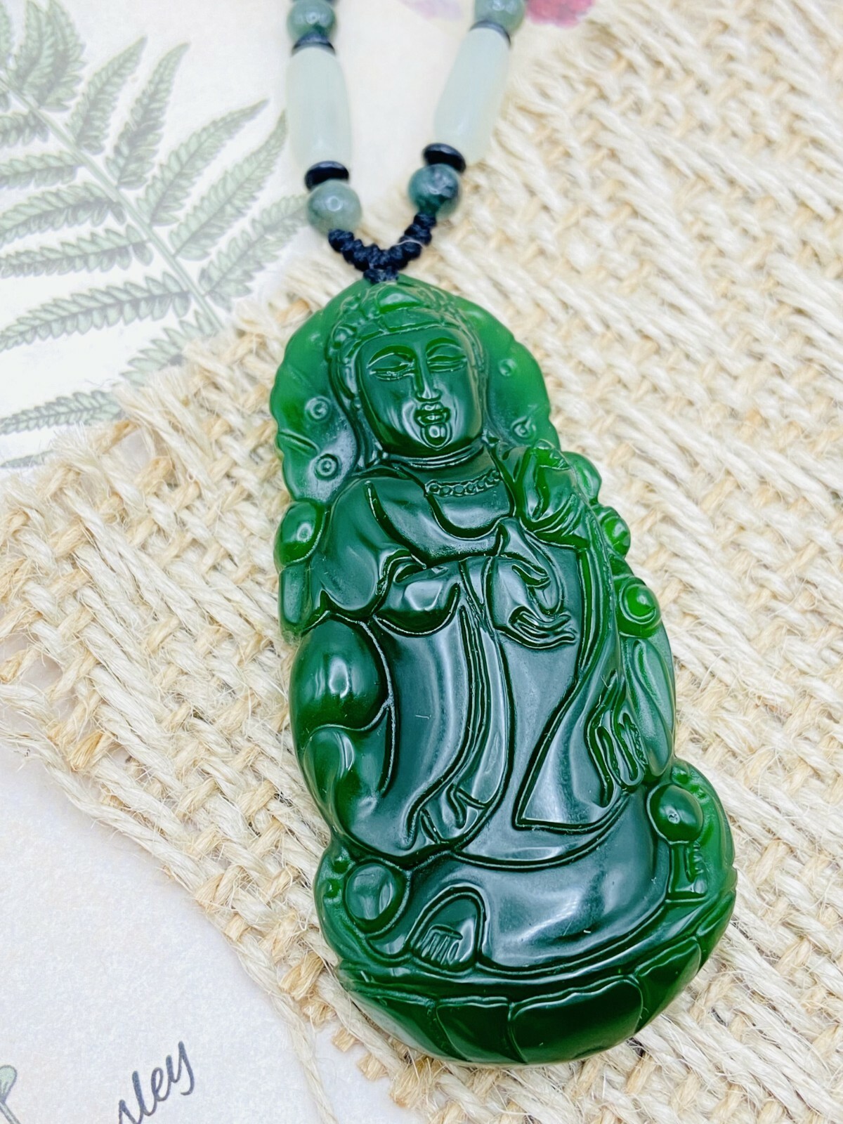 Jade Buddha Charm Pendant Necklace Beads Cord Guan Yin Handmade Carved Gem gift