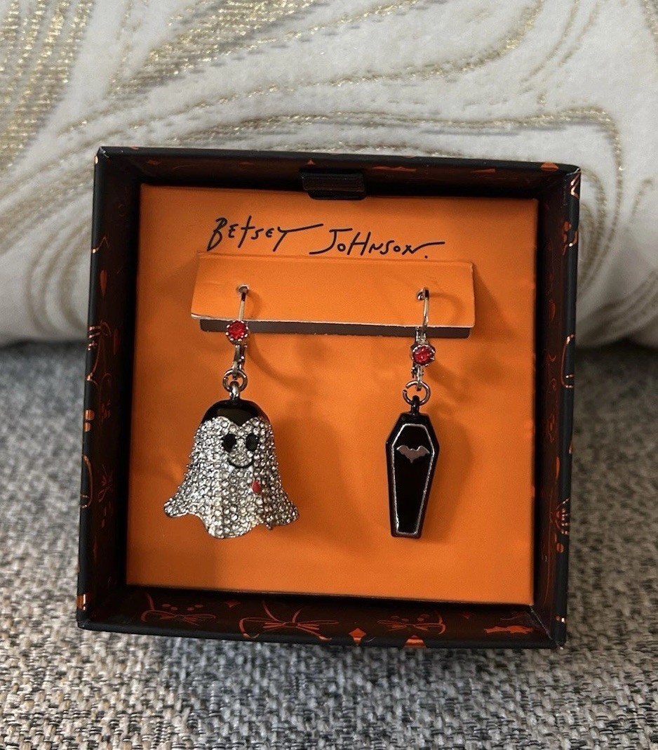 Betsey Johnson Halloween Mismatch Pavé Vampire Ghost & Bat Coffin Drop Earrings