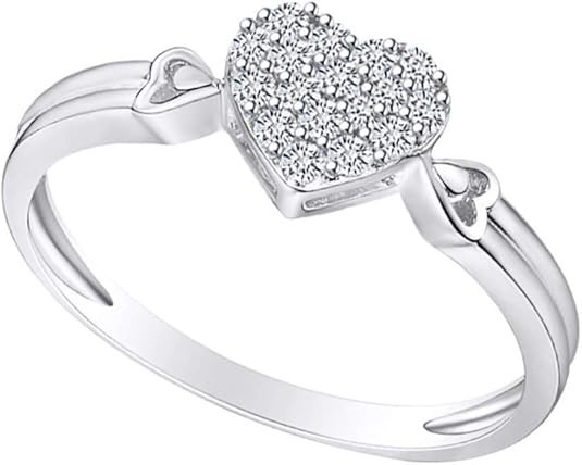 14k White Gold Plated Silver Round Simulated Diamond Love Heart Promise Ring