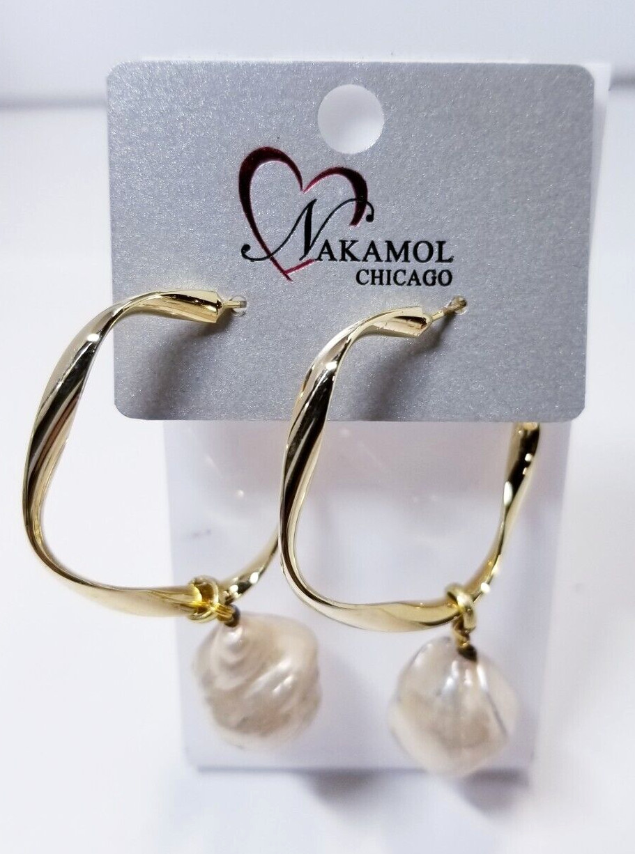 Nakamol Chicago Medium Sized Gold Tone Hoop Earrings With Faux Pearls