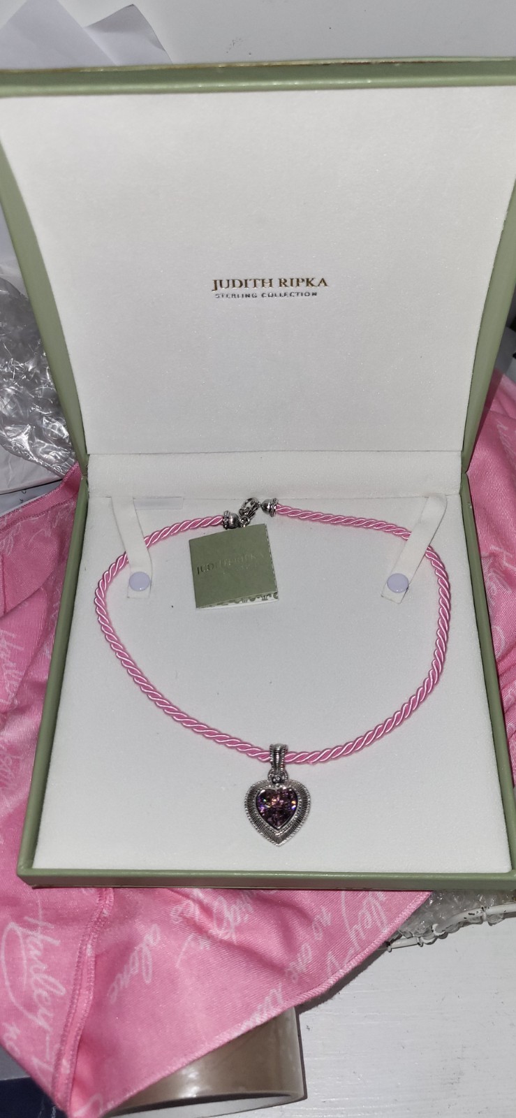 925 S.S. Vntg Pink Heart Cubic Zirconia Pendant Rope Necklace By Judith Ripka!!!