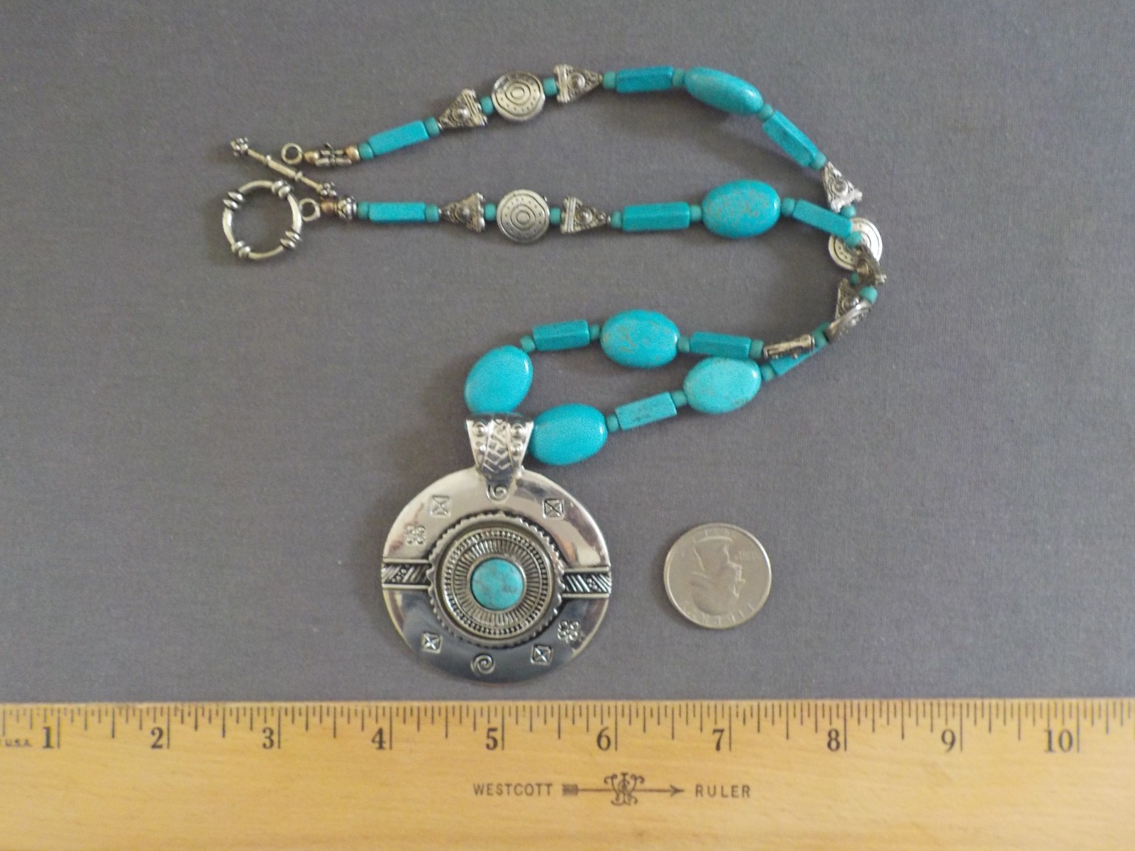 Faux Turquoise Pendant Necklace Round Silver Tone Metal 20″ Long Oval Dyed Stone