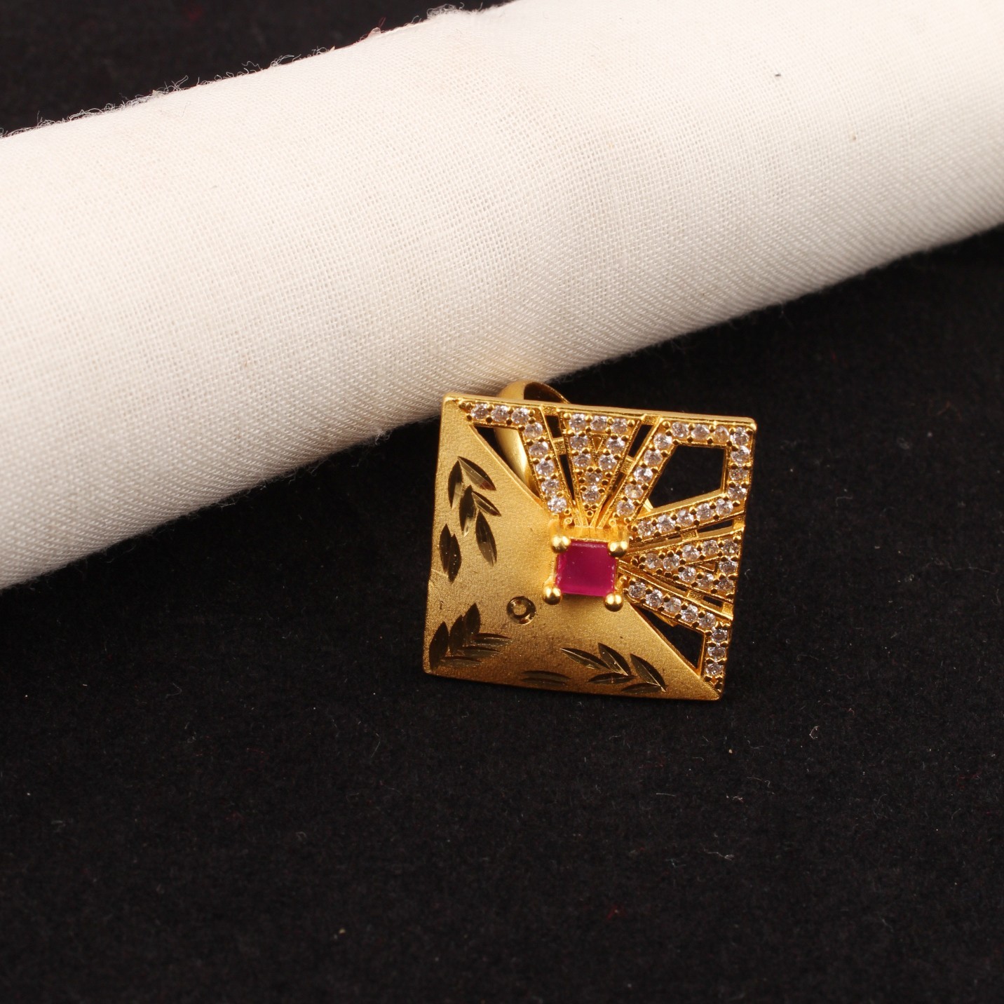 Micro Gold Plated Square Statement Ring Ruby Stone Adjustable Women
