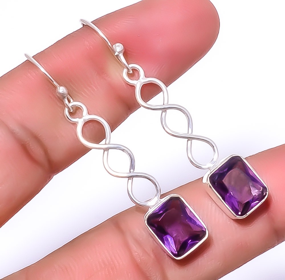 Amethyst Gemstone 925 Silver Plated Spiral Earring 1.79″ T73