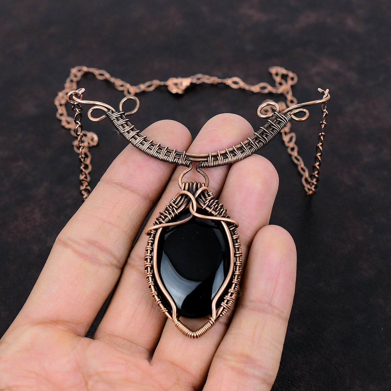 Black Onyx Wire Wrapped Adjustable Handcrafted Copper Valentine Gift 18.0″
