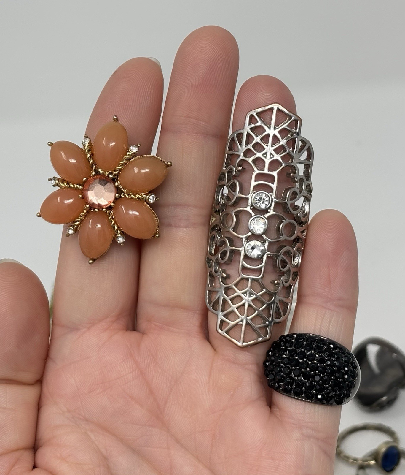 Rhinestone Cocktail Statement Costume Ring lot (15) Rings Mixed Flower Oversized