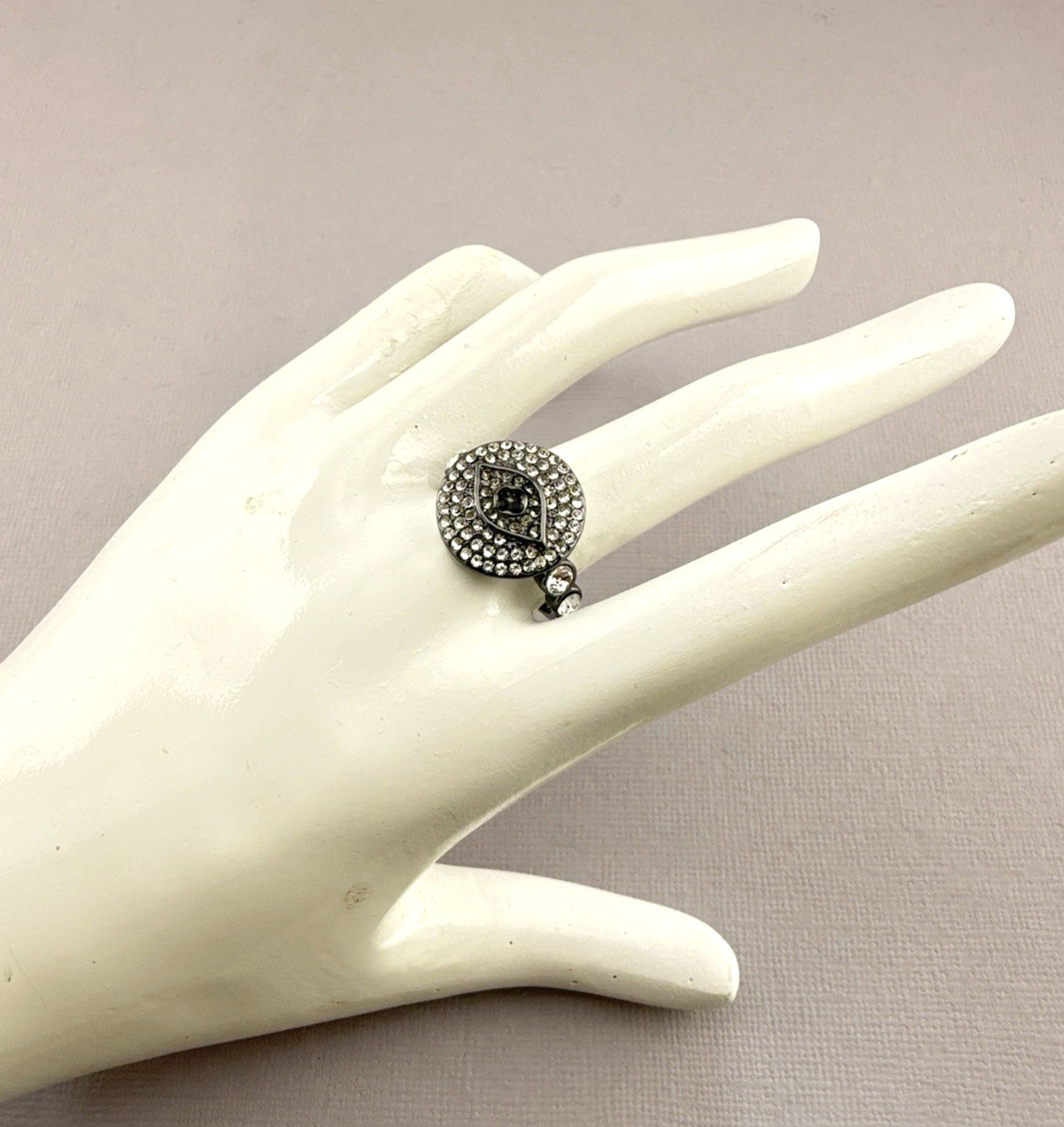 Joan Boyce Ring Evil Eye Black Angel Eye Talisman 8.75 Gunmetal Rhinestone HSN