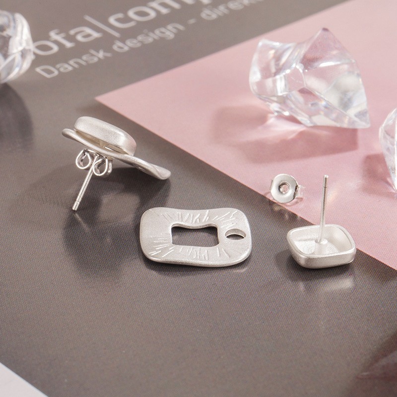 Fashion Detachable Square Matte Frosted Texture Silver Plated Stud Earrings