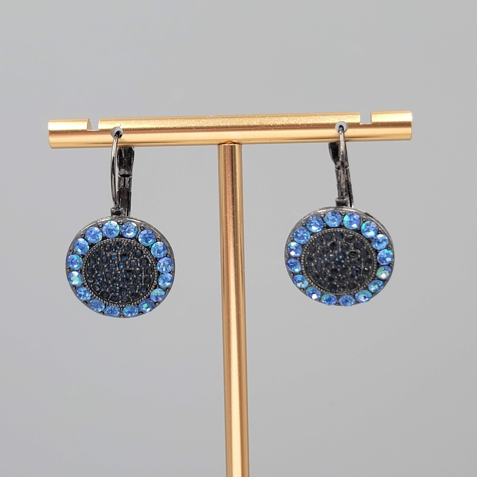 Blue Rhinestone Round Pierced Earrings Gun Metal Black Drop Leverback 3/4″