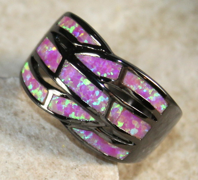 BLACK SILVER Elegant Pink Fire Opal Big Ring Size 9, WR40403