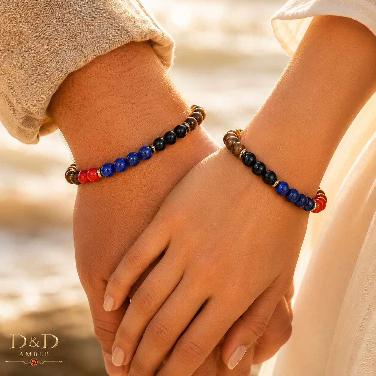 Natural Gemstone Beaded Bracelet Tiger Eye Lapis Coral Hematite Unisex Gift