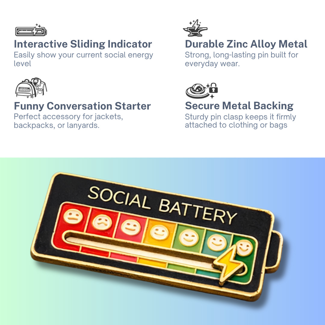 Funny Social Battery Slider Pin 7 Mood Expression Badge Cute Interactive Gift