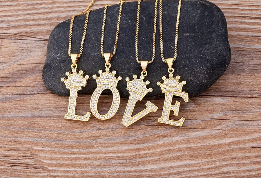 Hip Hop Fashion Jewelry Gold CZ Crown Letter Initial Pendant Necklace 1-165