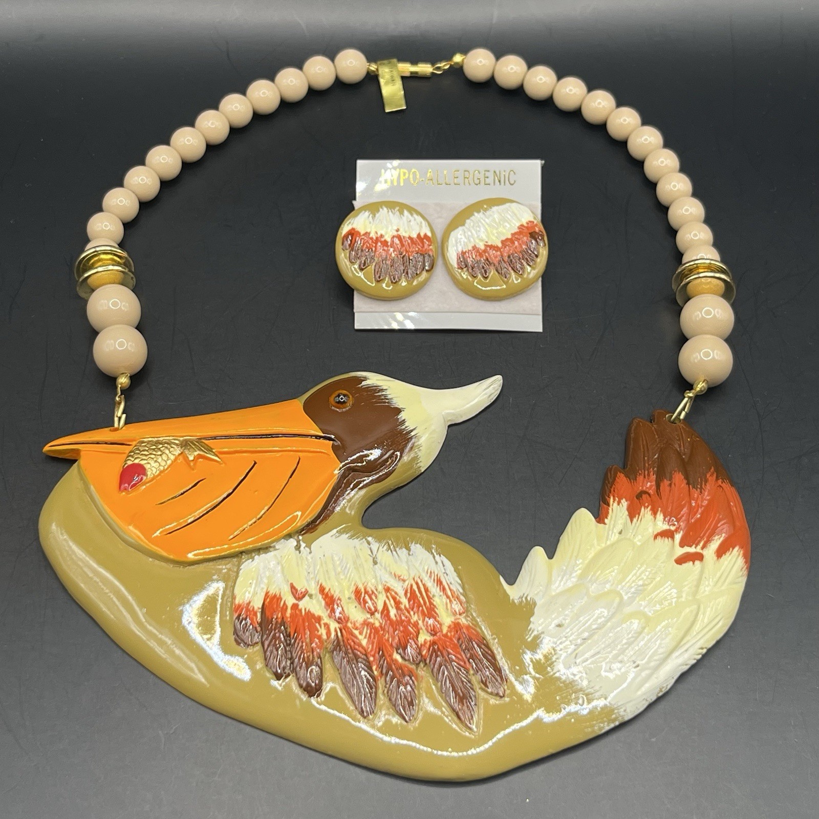 Vintage Retro Pelican Necklace & Earrings Whimsical Hand Painted Figural Acrylic