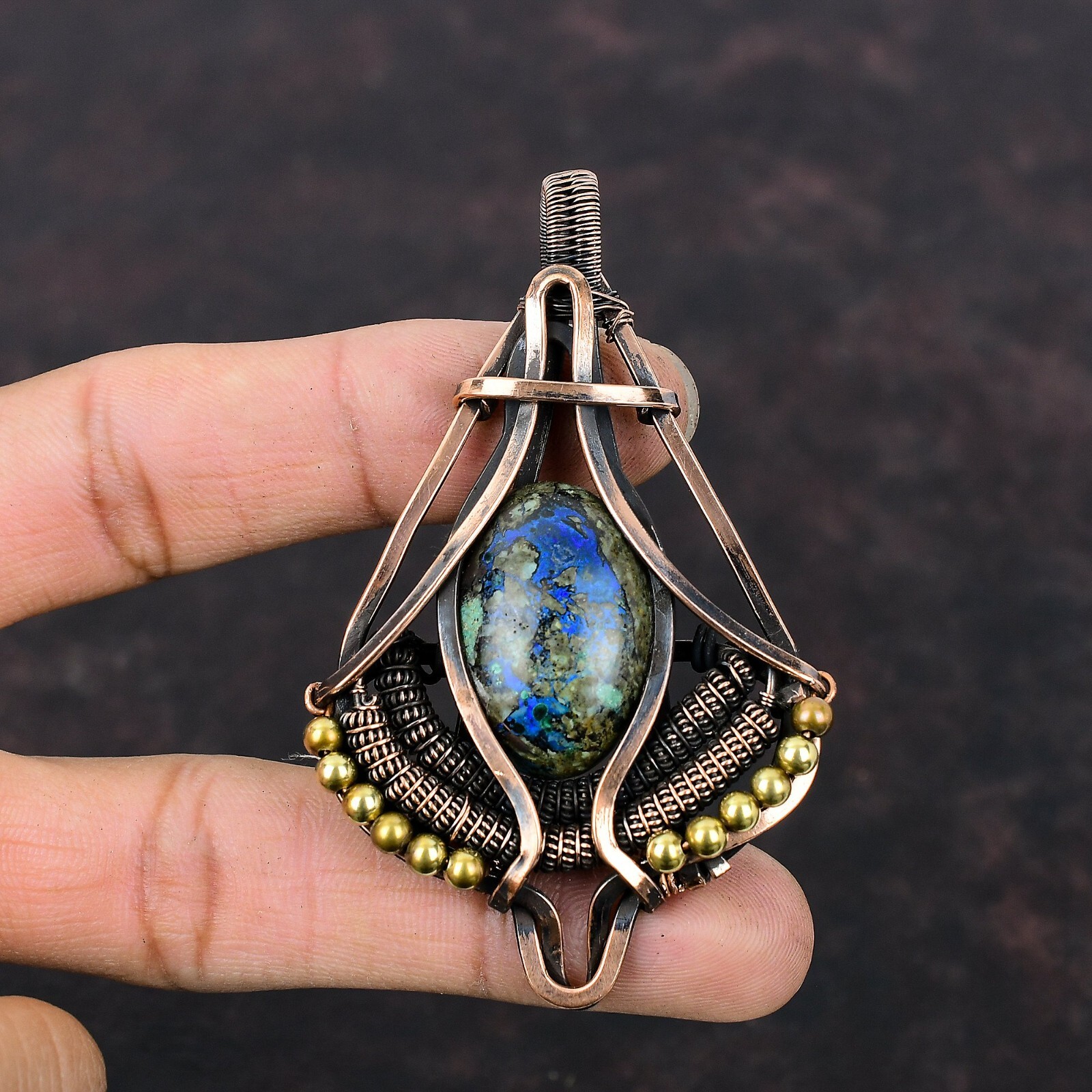 Women’s Day Gift Azurite Malachite Copper Wire Wrapped Pendant For Women 3.15″