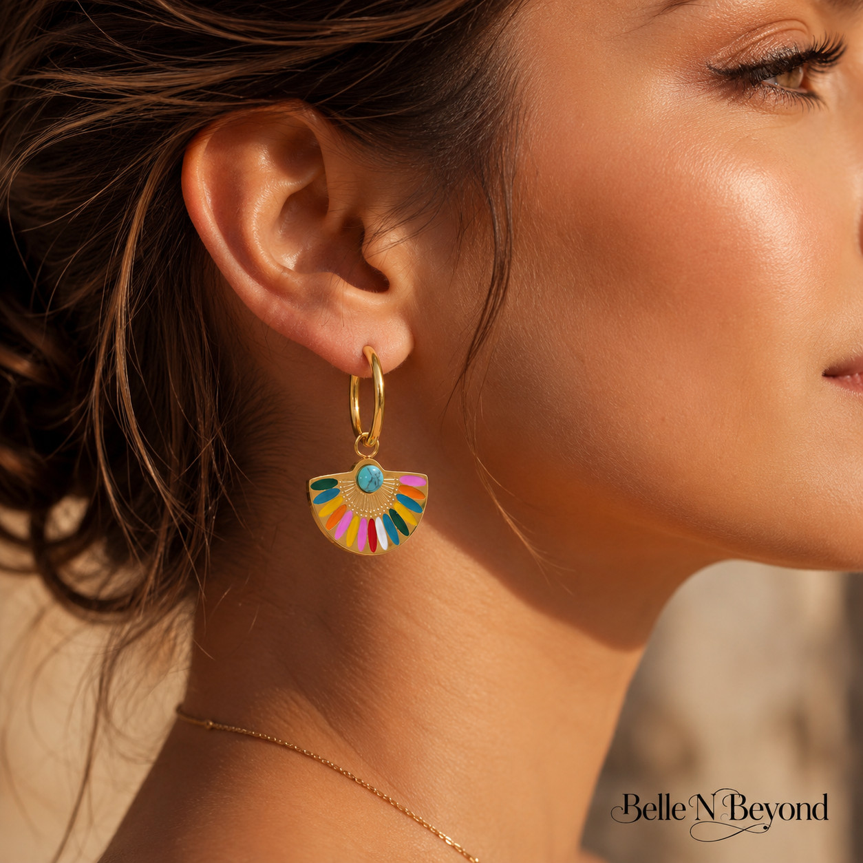 Colorful Fan Hoop Earrings Turquoise Enamel Gold Silver Boho Dangle Set