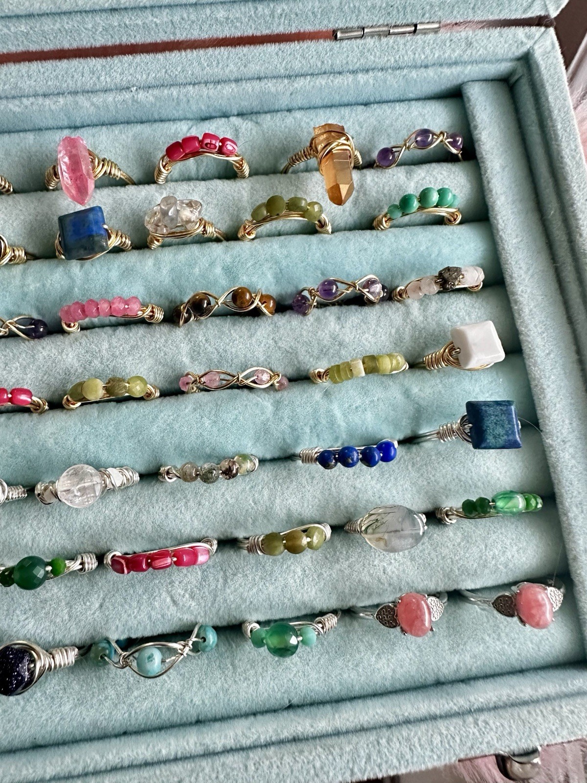 42 piece Bulk Copper Wire Gemstone Ring Lot (24 gold coated and 18 silver)