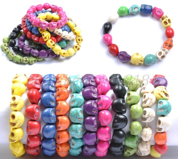 1Pcs Turquoise Sugar Skull Charms Beads Elastic Wristband Bracelets U Pick Color
