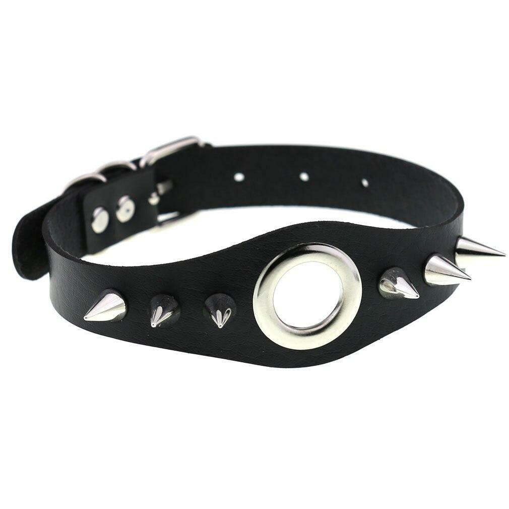 Women O Ring Neck Collar Chain Gothic Punk Studded Pu Leather Choker Necklace