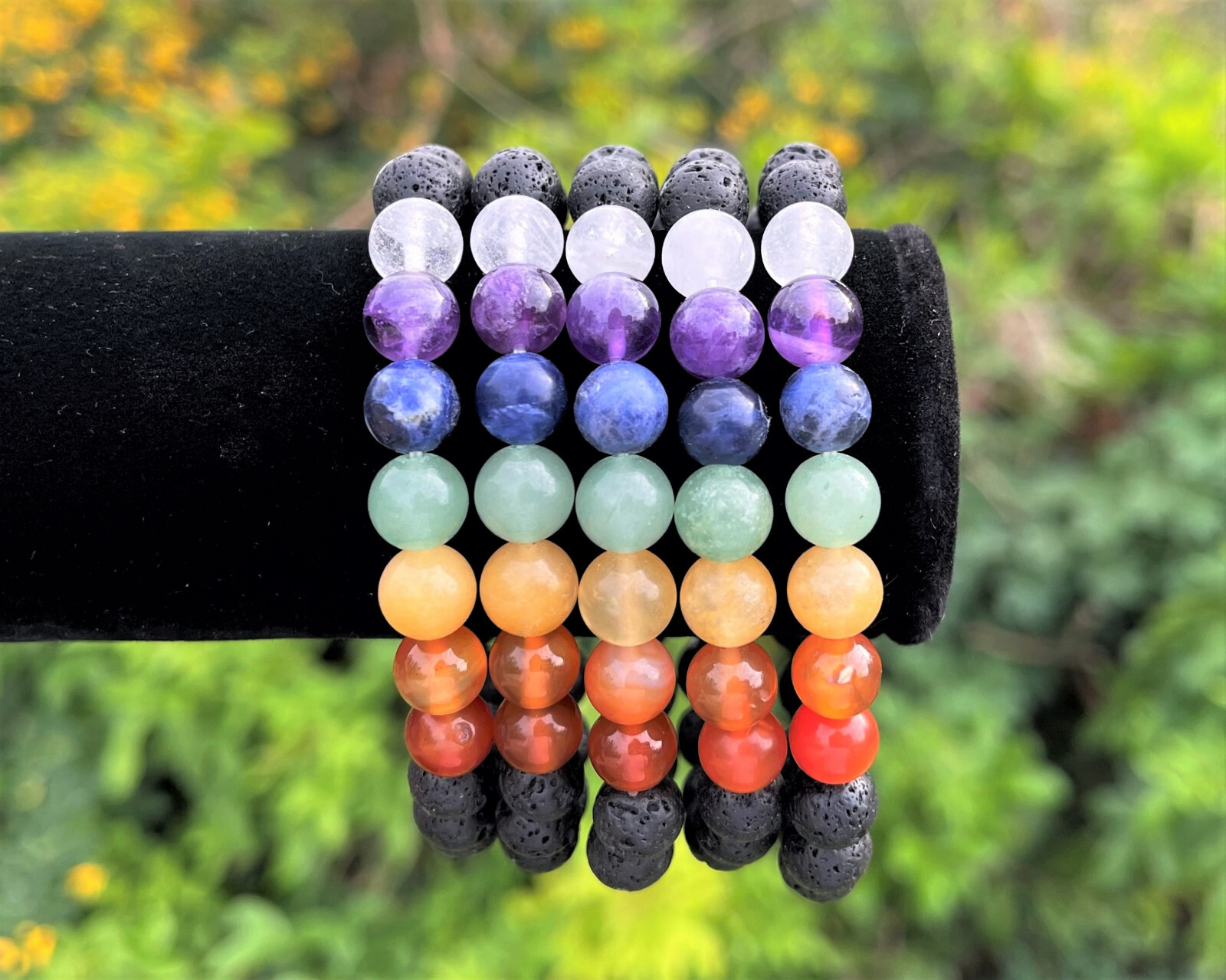 7 Chakra Lava Rock Bead Bracelet: 8 mm Round Crystals (Chakra Stretch Bracelet)