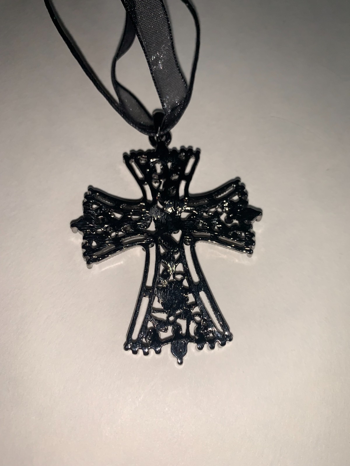 Gothic Black Cross Pendant Necklace Gunmetal Rhinestone Victorian Style Jewelry