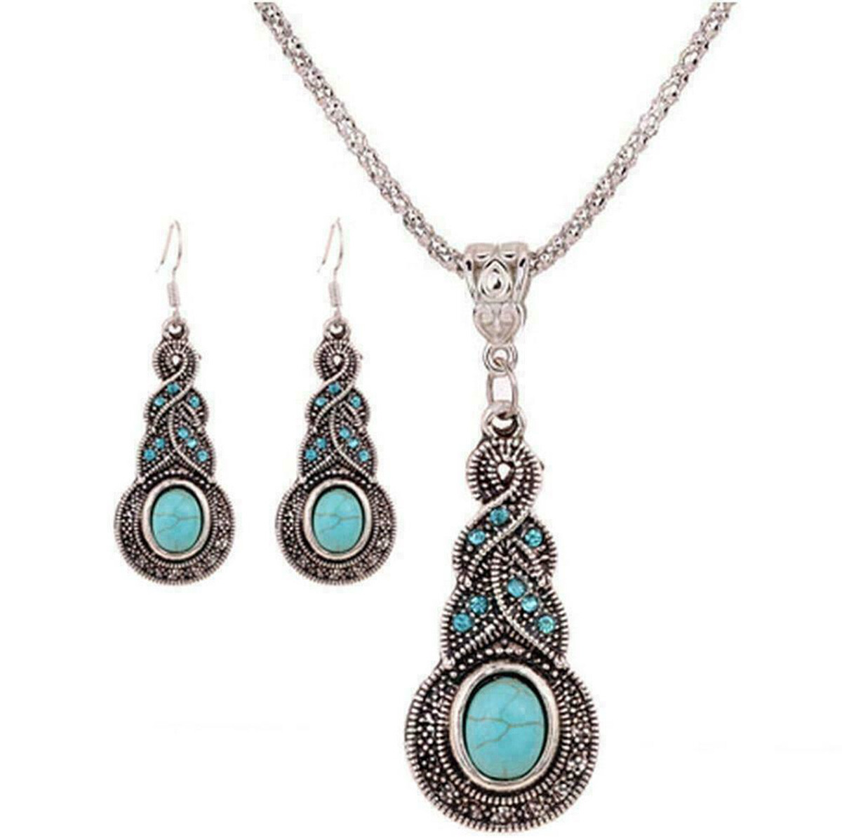 DESIGNER INSPIRED BLUE FAUX TURQUOISE SILVER NECKLACE & EARRINGS JEWELRY SET NEW
