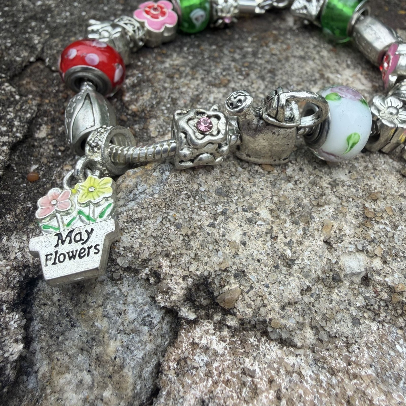 May Birthday Charm Bracelet 8″ Floral Willabee and Ward Danbury Mint Silvertone