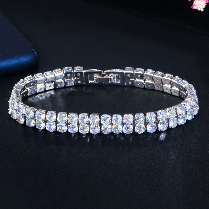 CWWZircons 2 Row Round Silver Plated Cubic Zirconia Green Women Tennis Bracelet