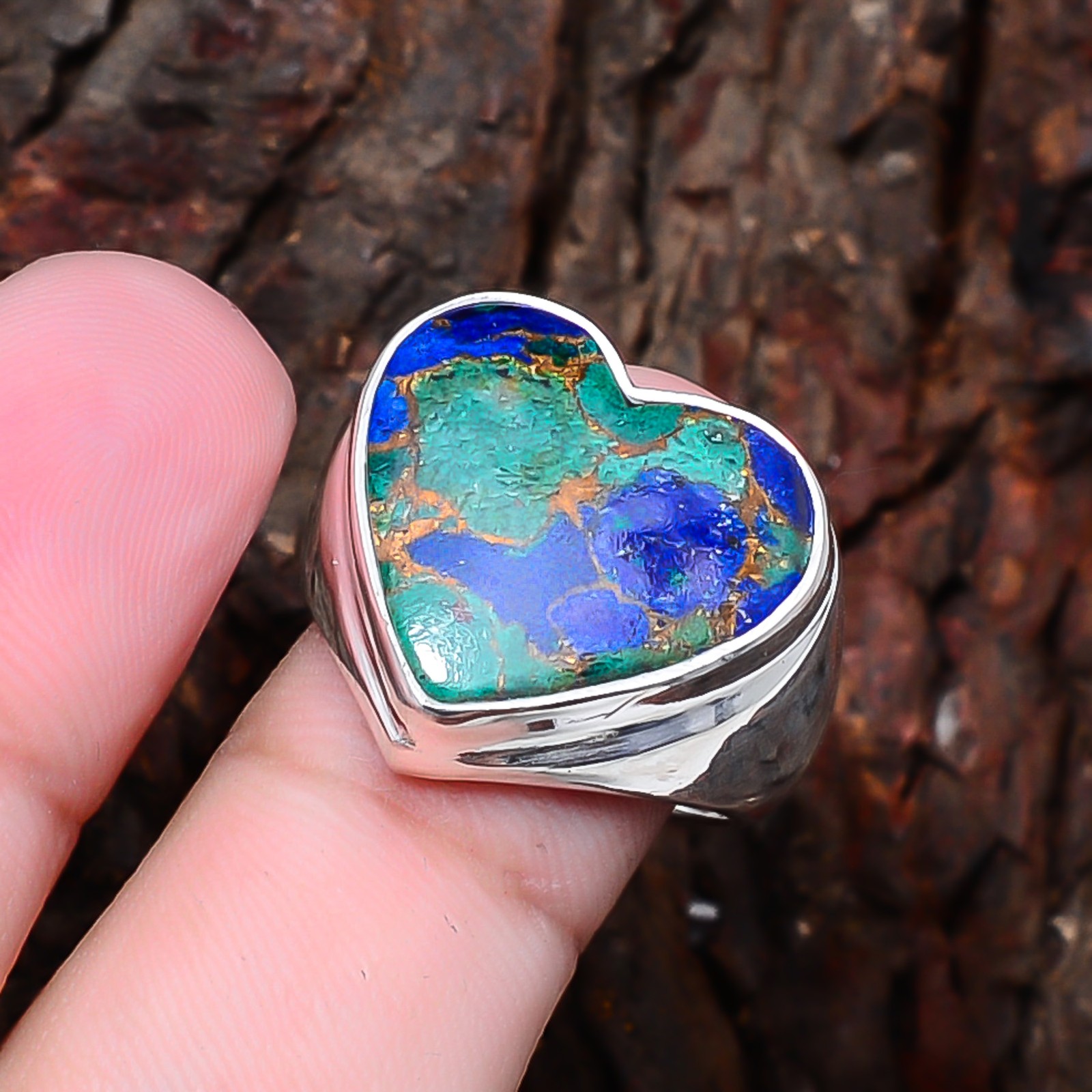 Heart – Copper Azurite Chrysocolla Handmade 925 Sterling Silver Ring S.9 R12621
