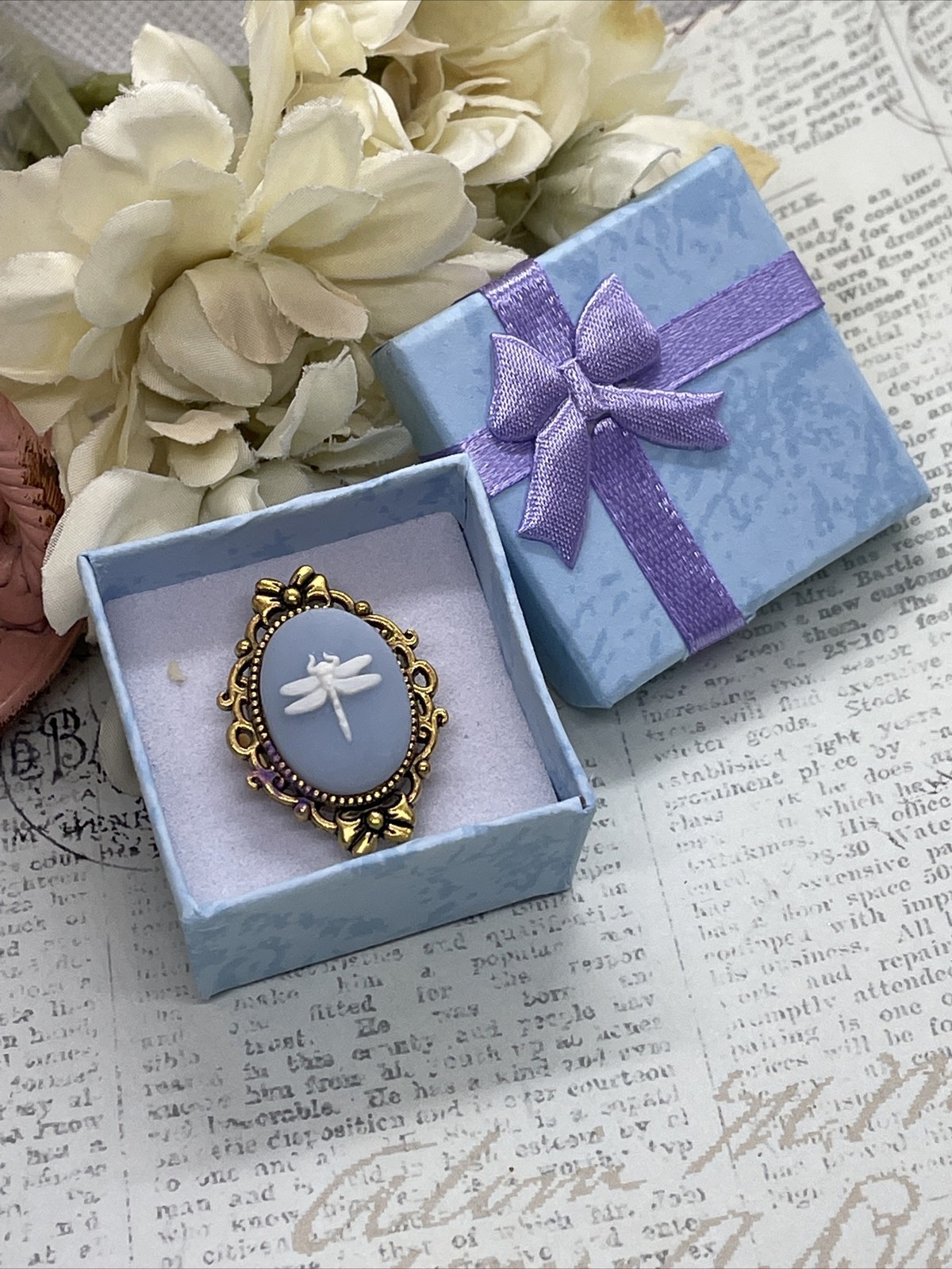 gold Dragonfly Blue White Cameo Nature Renaissance Gift Ring Adjustable Festival