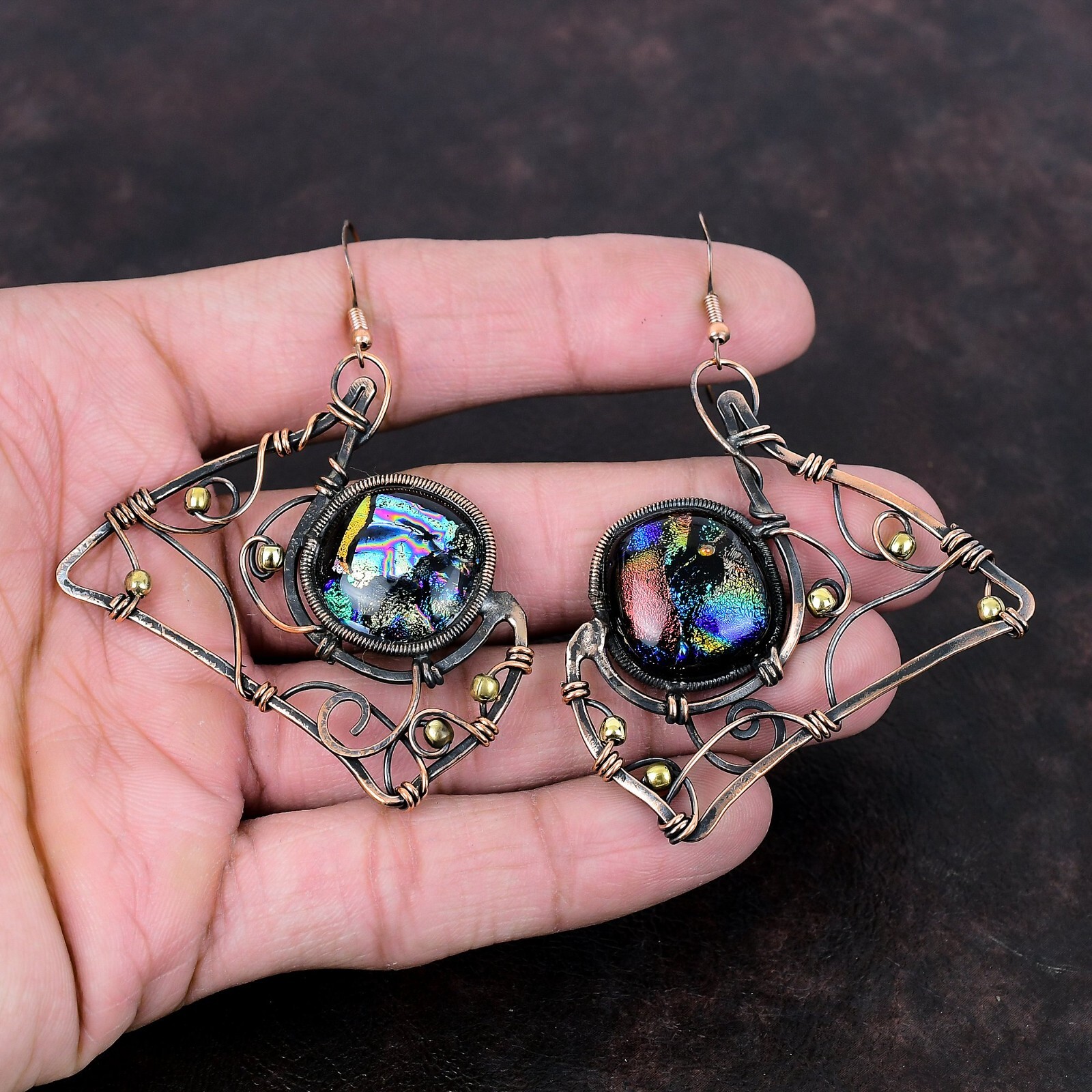 Gift For Her American Dichroic Glass Wire Wrapped Earrings Copper 2.56″