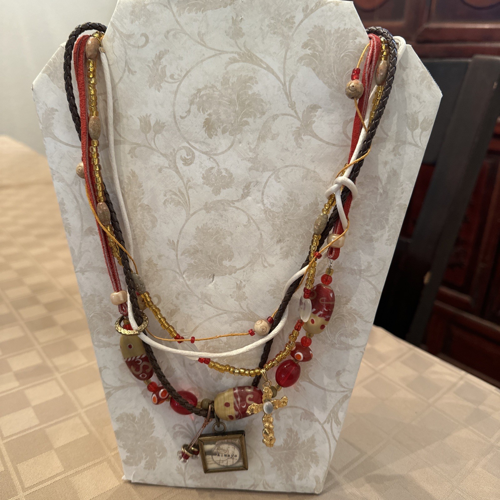 Original Design Multi Strand Beaded Leather Metal Charm Necklace Boho Artisan