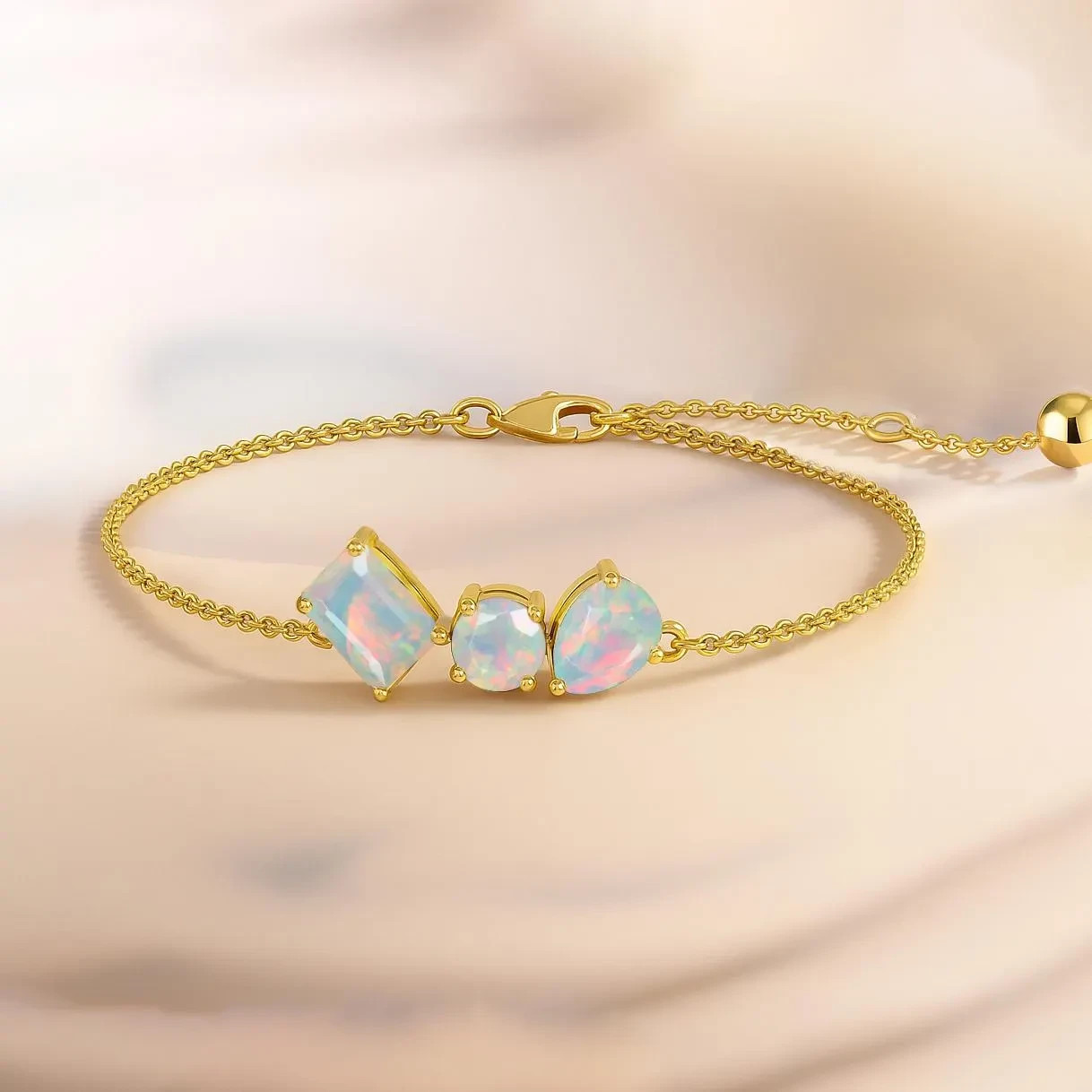 Ethiopian White Three Stone Gold Chain Bracelet, 925 Sterling Silver Layering Br