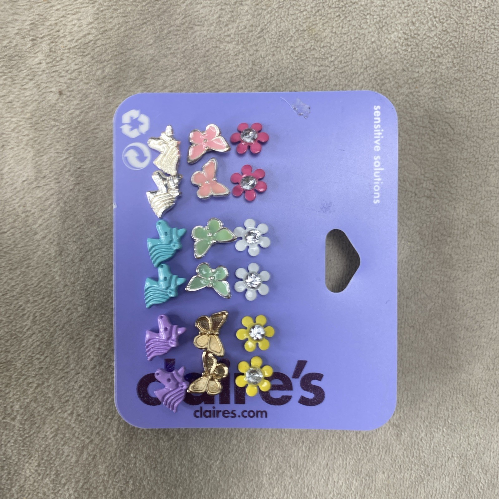 Claire’s Girl’s Stud Earrings 9 Pairs Butterfly Flower Unicorn 🦄 Sensitive