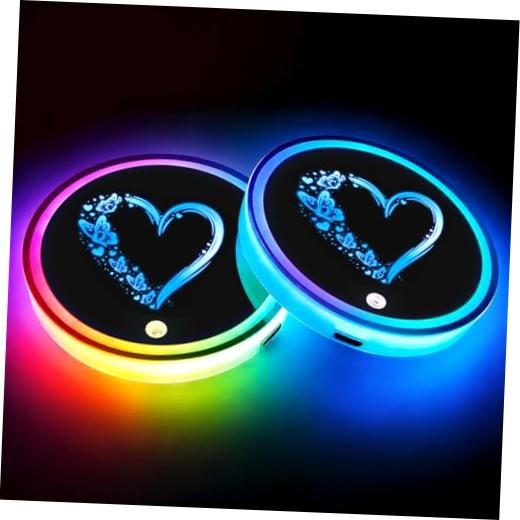 LED Cup Holder Lights for Car, 7 Colors Light Up Cup Holder Love Butterfly