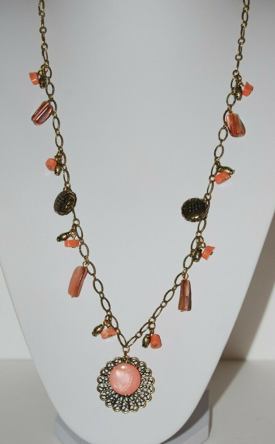Gold Toned Metal Chain With Peach Color Stones & Charms Statement Long Necklace