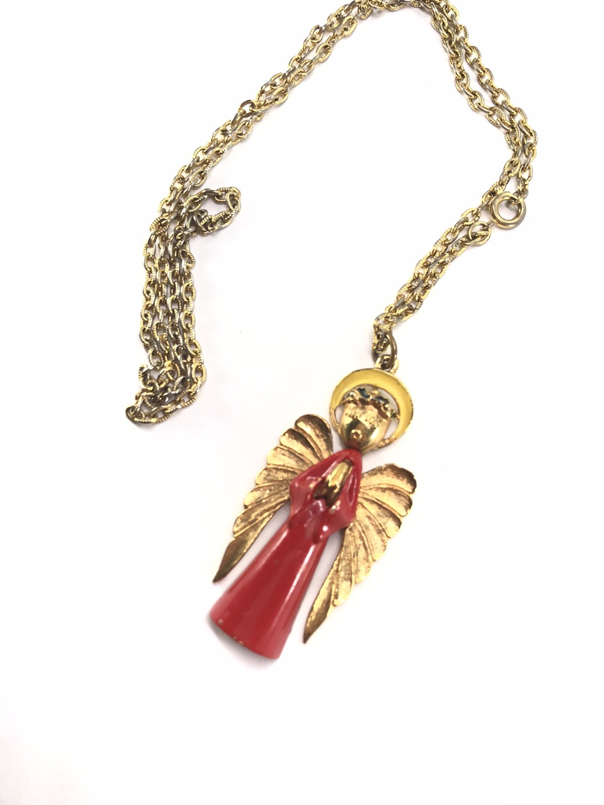 Vtg Art Arthur Pepper Red Praying Angel Enamel Pendant Necklace Christmas