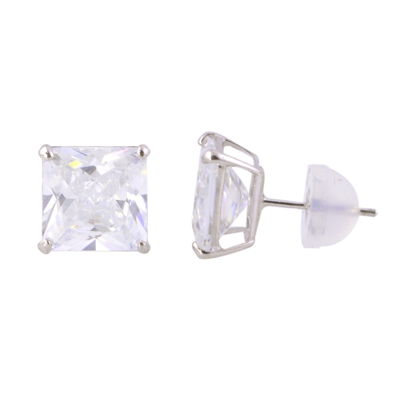 14k White Gold Princess Cut Square CZ Stud Earrings Basket Safety Silicone Backs