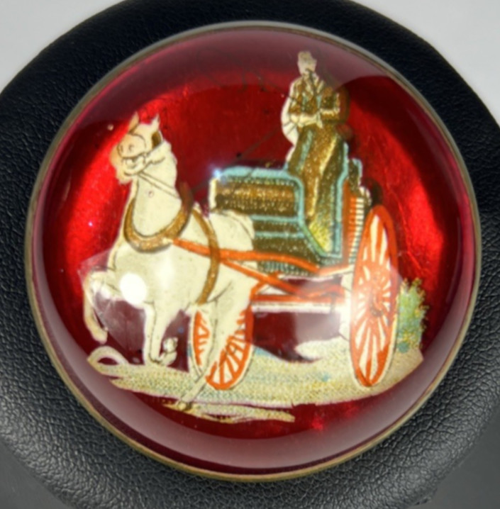 Antique Reverse Glass Dome Brass Horse Bridle Cart Rider Brooch Red 1.5″