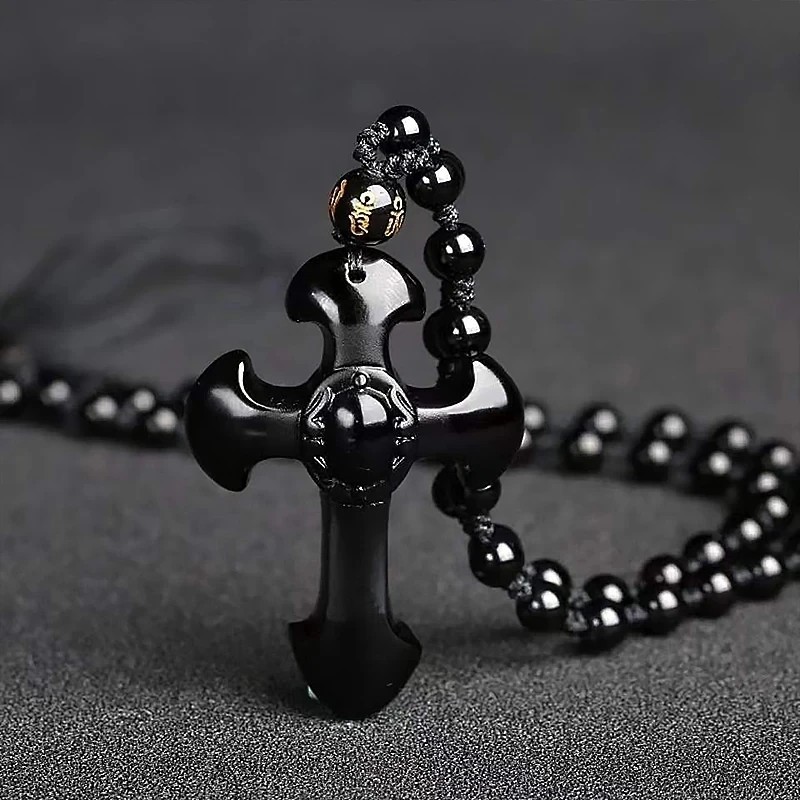 Natural crystal black obsidian cross necklace Amulet pendant with chain