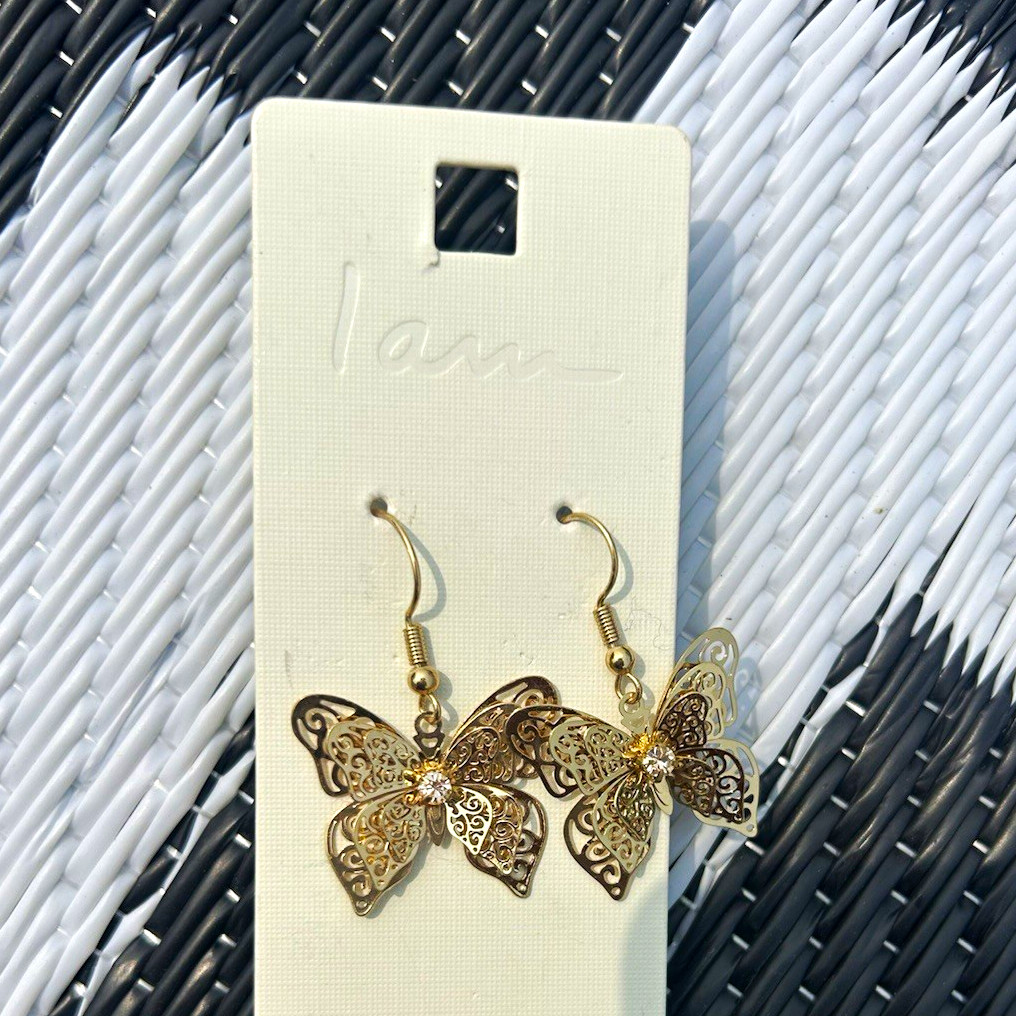 Gold Tone Butterfly Dangle/Drop Hook Earrings, Metal, No Stone