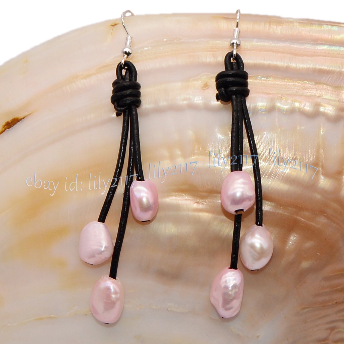 Natural Freshwater Baroque Pearl Black Leather Rope Dangle Hook Earrings 9-10mm