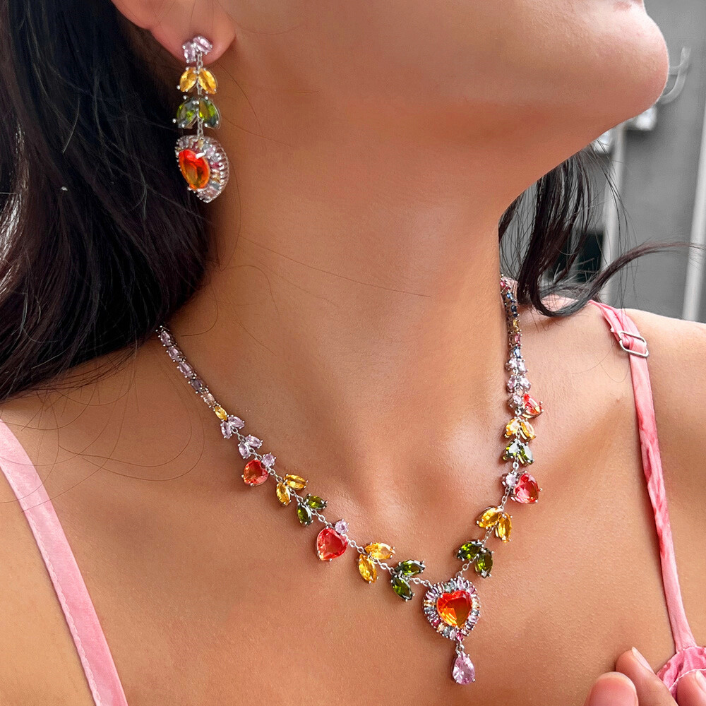 Silver Plated CZ Multicolor Leaf Heart Necklace Earrings Lover Party Jewelry Set