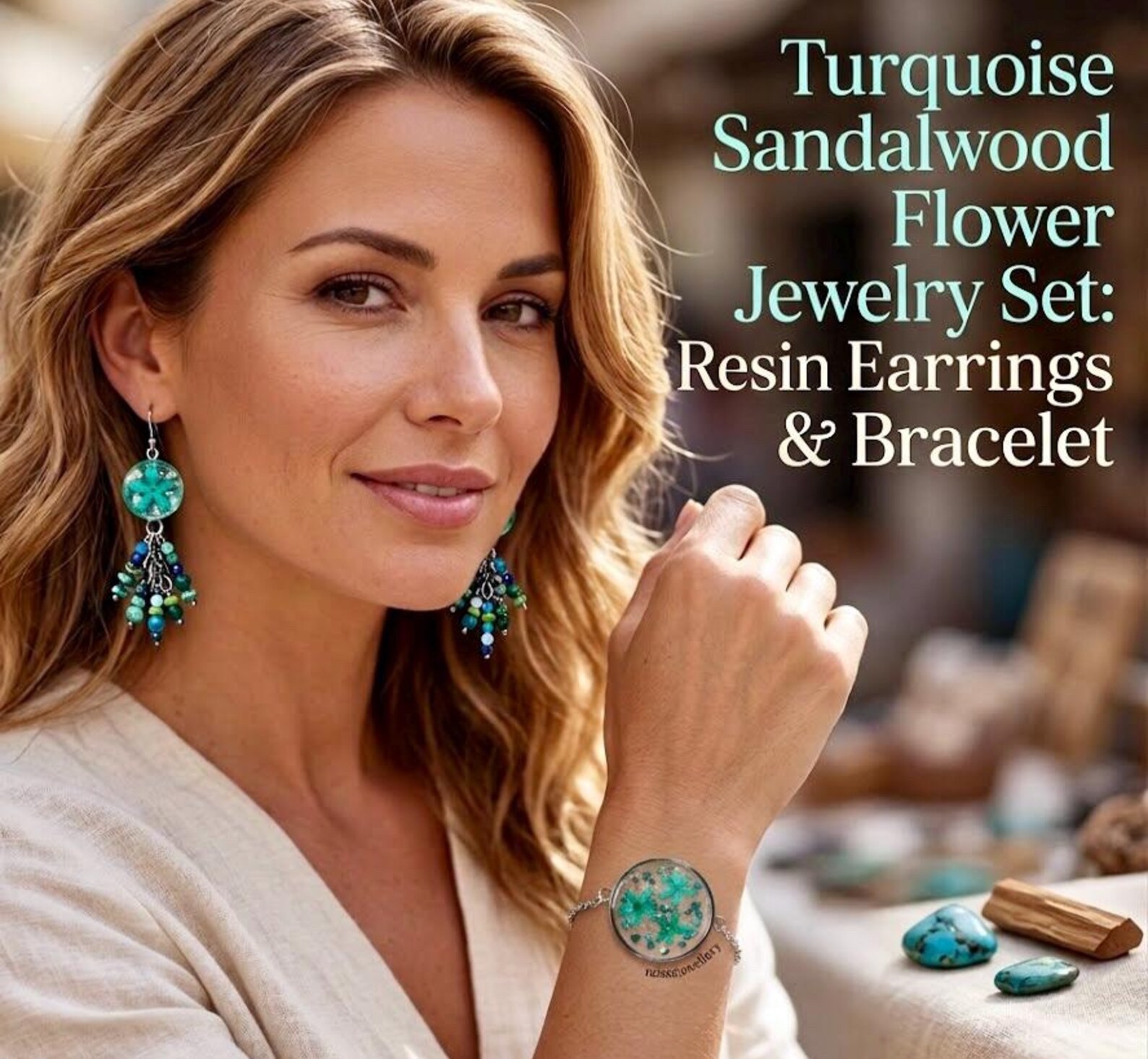 Sandalwood flower jewelry set, real flower resin earrings and bracelet, boho