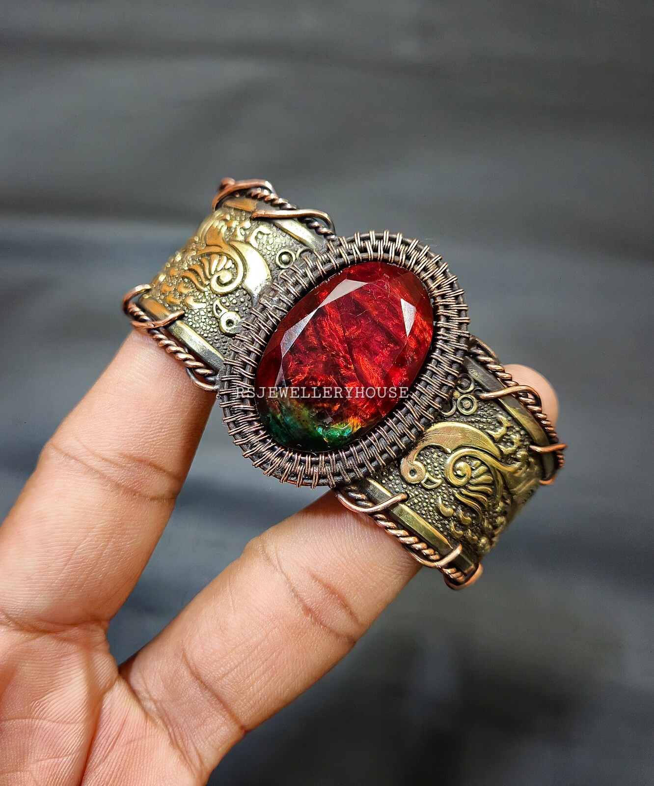 Two Tone Faceted Ammolite Bangle Copper Wire Wrapped Adjustable Cuff gift Bangle