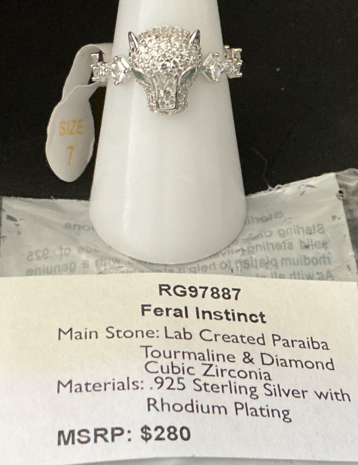 Bomb Party Sterling Club Ring Feral Instinct RG97887 Paraiba .925 Sterling Sz 7
