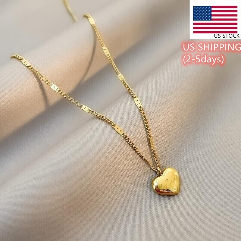 Fashion Woman 18k Gold Plated Stainless Steel Heart Charm Love Chain Necklace