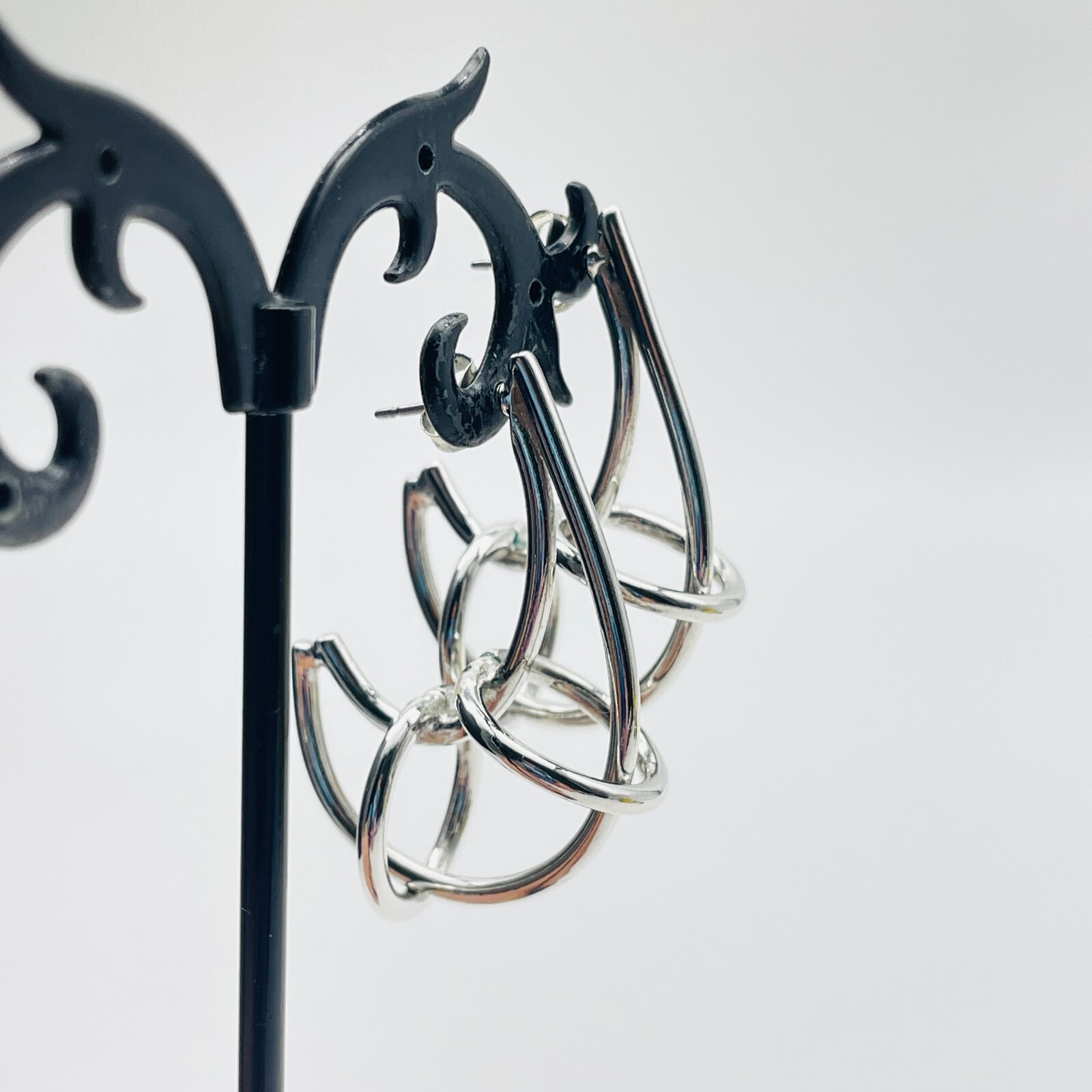 Caged Curl Pierced Earrings Silver Tone Shrimp Modernist Abstract Artsy Boho